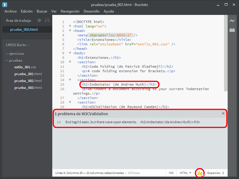 Brackets. Extensión W3CValidation