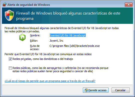 Brackets. Aviso del firewall de Windows