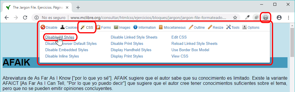 Chrome. Extensión Web Developer