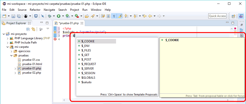 Eclipse PHP - Asistente de código Ctrl+Espacio