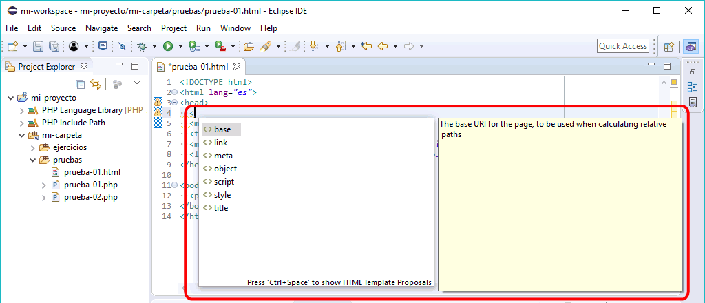 Eclipse PHP - Asistente de código HTML