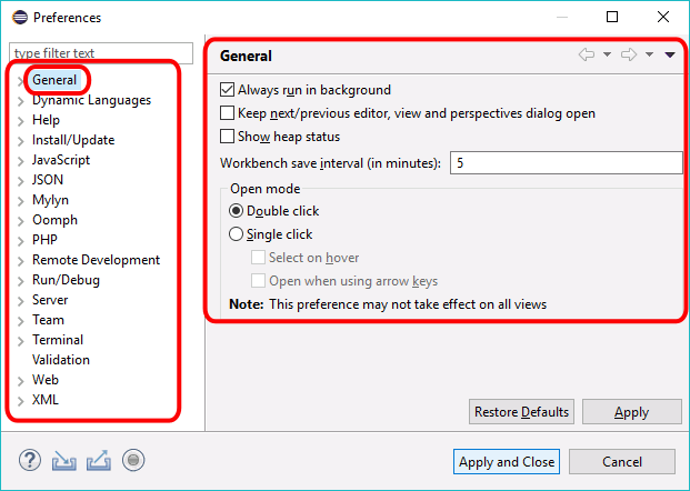 Eclipse PHP - Ventana de Preferencias