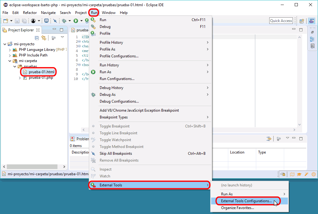 Eclipse PHP - Ejecutar un archivo HTML