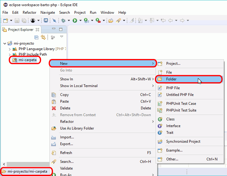 Eclipse PHP - Creación de carpeta no enlazada