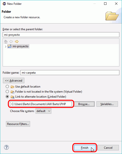 Eclipse PHP - Creación de carpeta enlazada