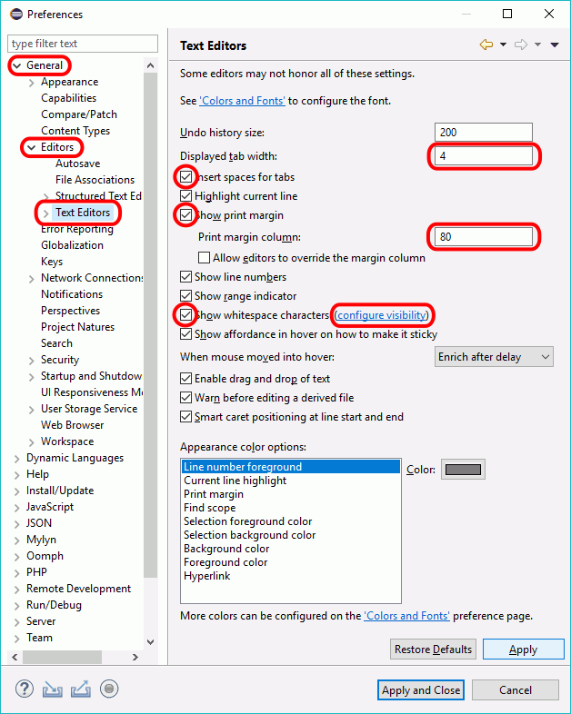 Eclipse PHP - Ventana Preferences > General > Editors > Text Editors