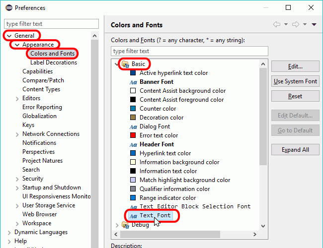 Eclipse PHP - Ventana Preferences > General > Appearance > Colors and Fonts