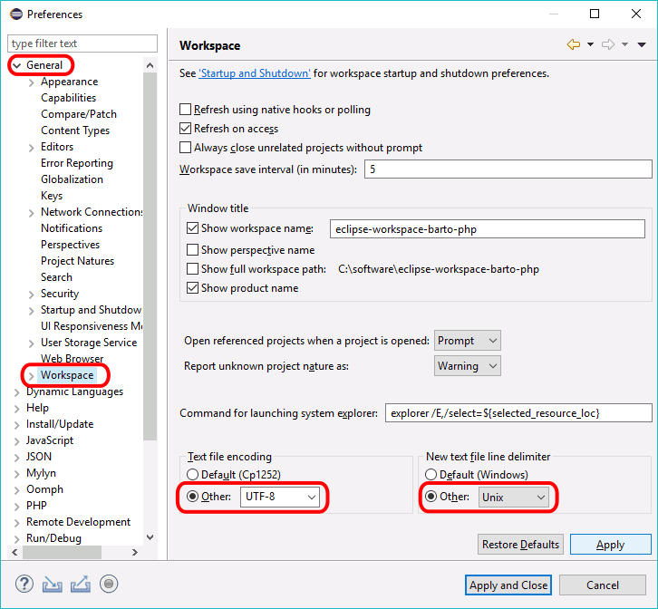 Eclipse PHP - Ventana Preferences > General > Workspace