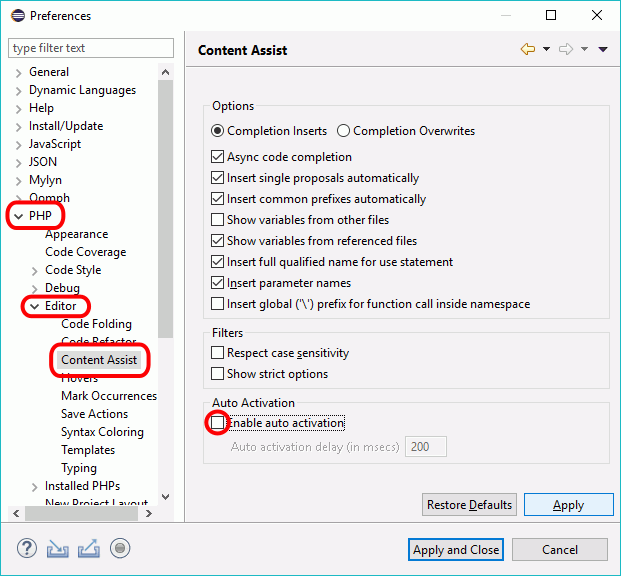 Eclipse PHP - Ventana Preferences > PHP > Editor > Content Assist