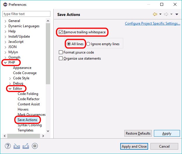 Eclipse PHP - Ventana Preferences > PHP > Editor > Save Actions