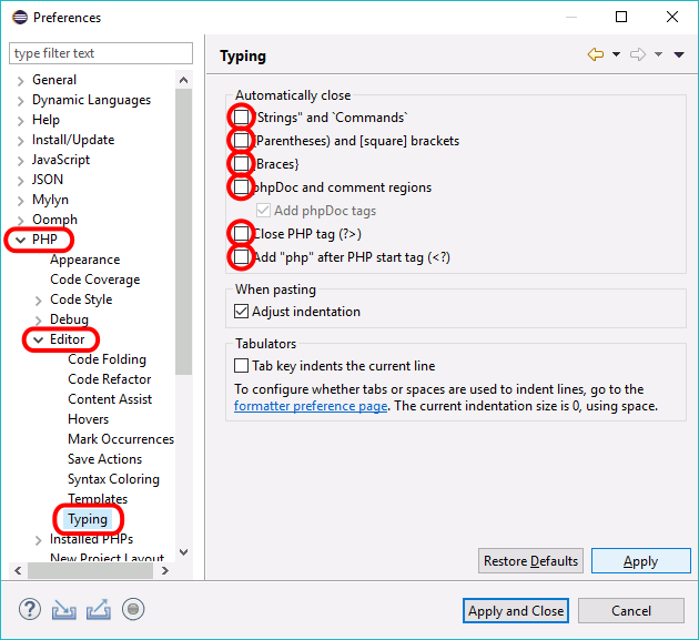 Eclipse PHP - Ventana Preferences > PHP > Editor > Typing