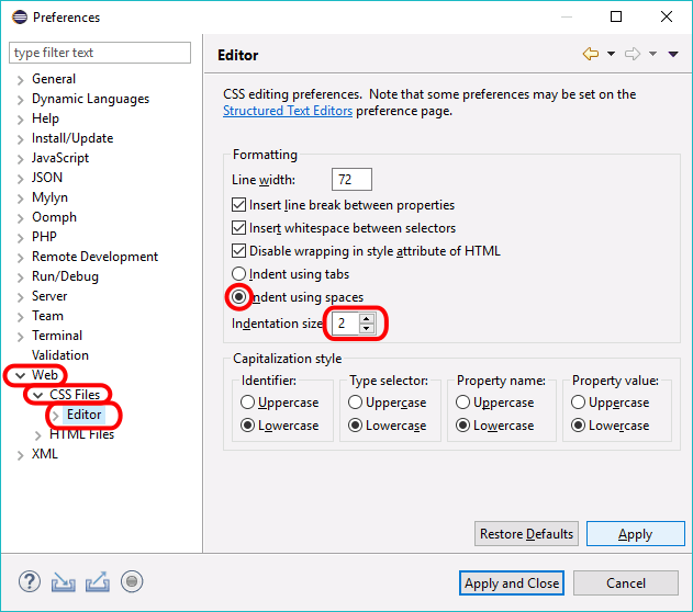 Eclipse PHP - Ventana Preferences > Web > CSS Files > Editor