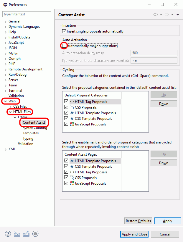 Eclipse PHP - Ventana Preferences > PHP > Editor > Content Assist