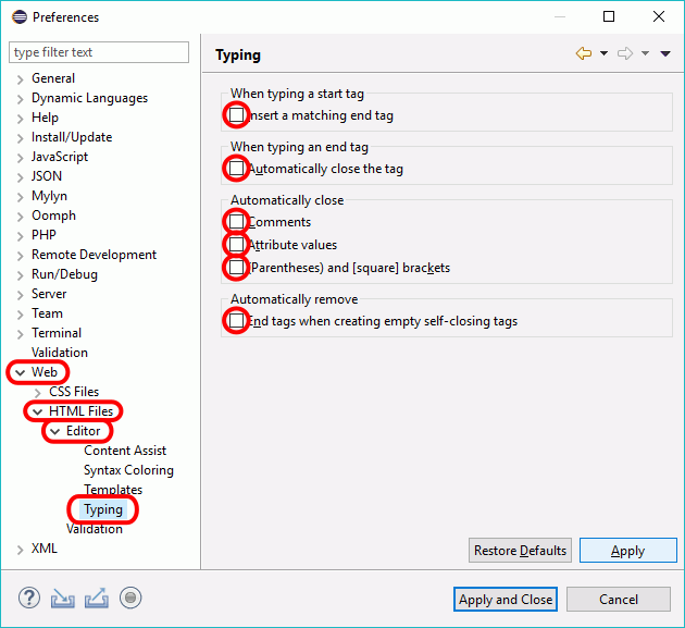 Eclipse PHP - Ventana Preferences > PHP > Editor > Typing