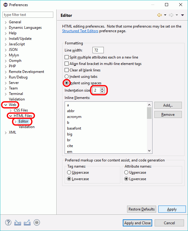 Eclipse PHP - Ventana Preferences > Web > HTML Files > Editor