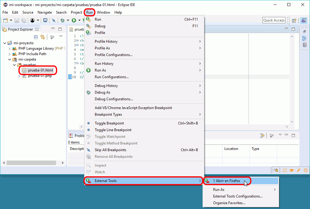 Eclipse PHP - Ejecutar un archivo HTML