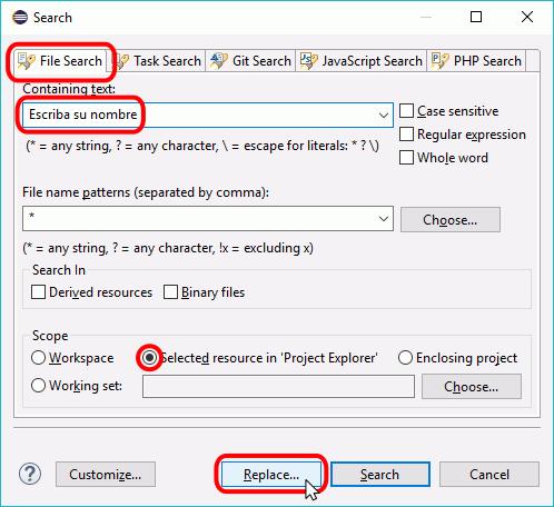 Eclipse PHP - Buscar y sustituir en archivos