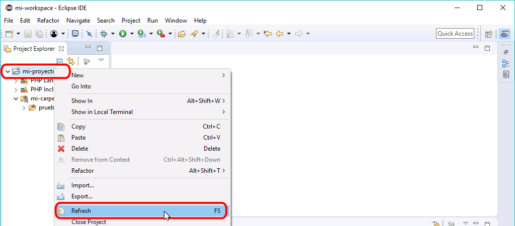 Eclipse PHP - Actualizar contenido Explorador de proyectos