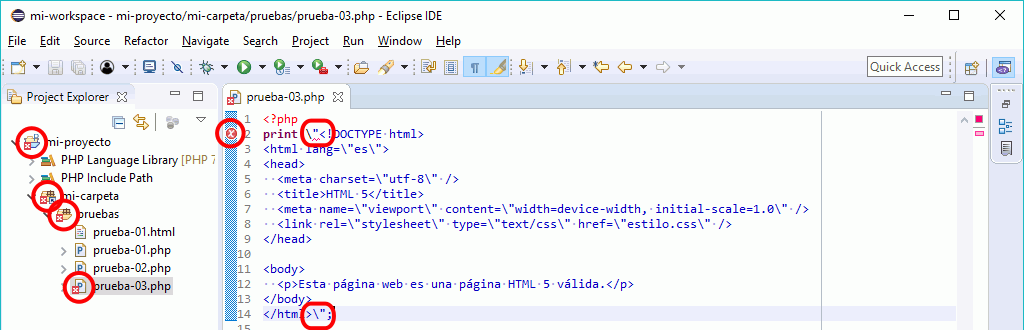 Eclipse PHP - iconos de error