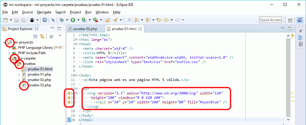 Eclipse PHP - iconos de error