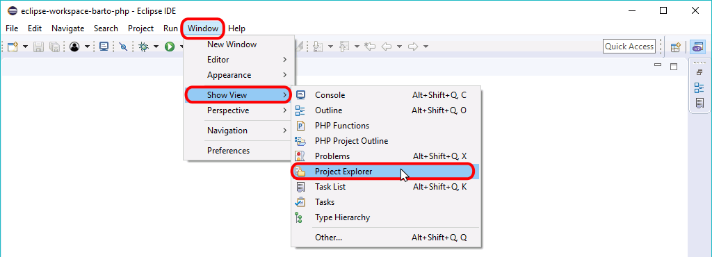 Eclipse PHP - Mostrar Explorador de proyectos