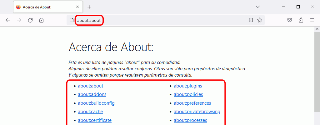 Firefox. Configuración avanzada. about:about