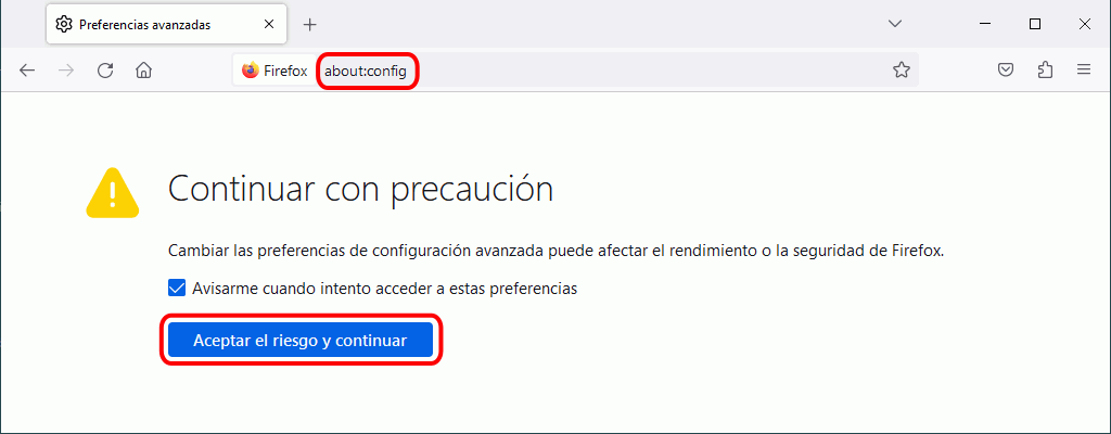Firefox. Configuración avanzada. about:config