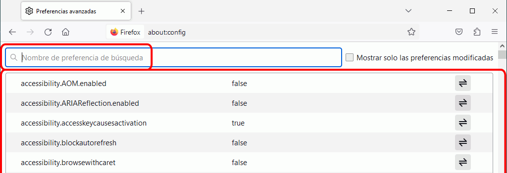 Firefox. Configuración avanzada. about:config