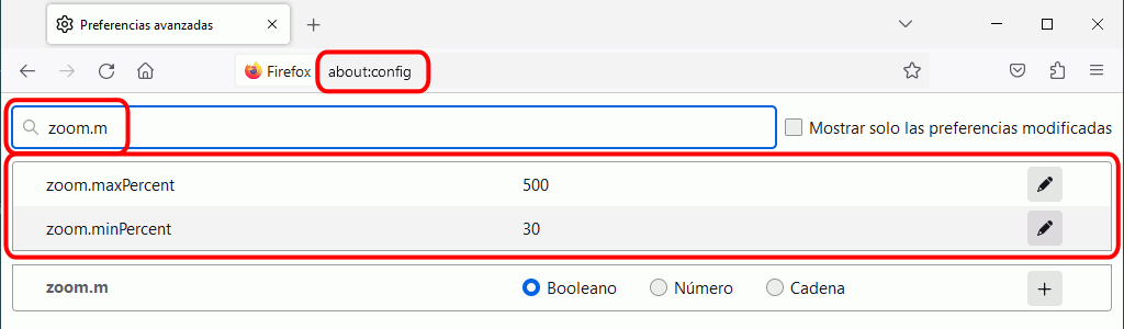 Firefox. about:config. Zoom