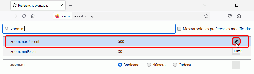 Firefox. about:config. Zoom