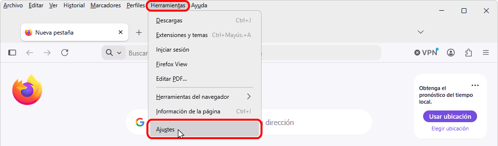 Menú Herramientas > Ajustes
