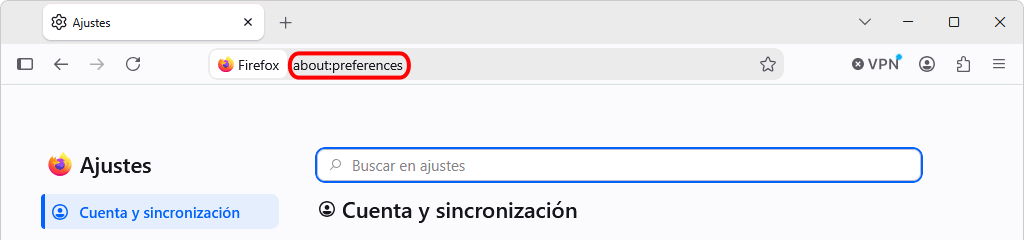 Dirección about:preferences