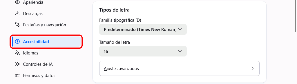 Firefox - Menú Ajustes > Accesibilidad