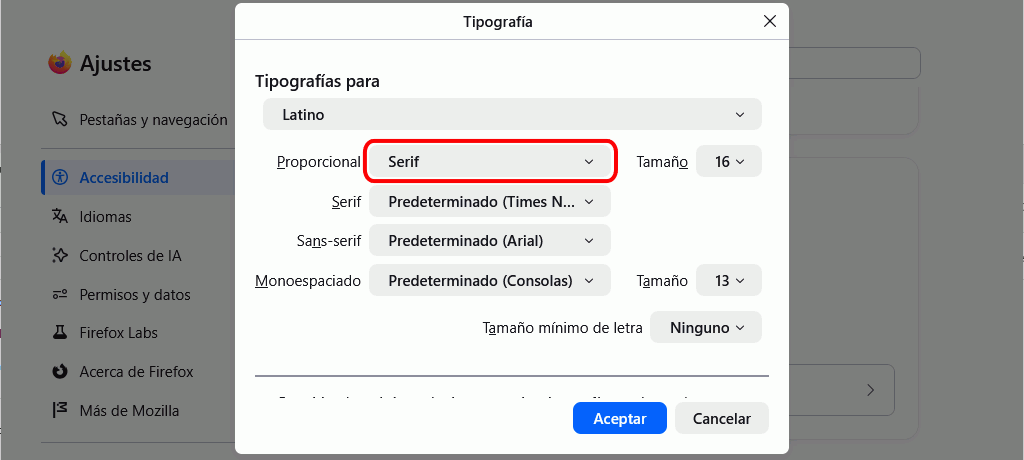 Firefox - Menú Ajustes > Accesibilidad
