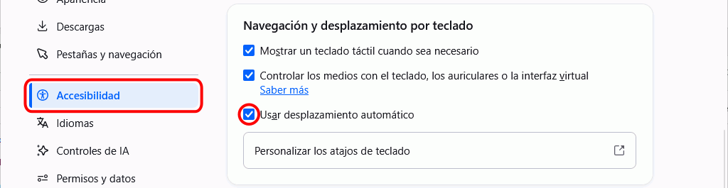 Firefox - Menú Ajustes > Accesibilidad