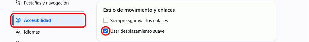 Firefox - Menú Ajustes > Accesibilidad