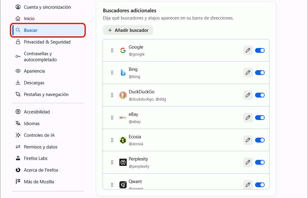 Firefox - Menú Ajustes > Buscar > Buscadores