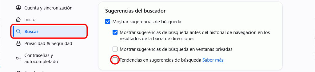Firefox - Menú Ajustes > Buscar > Sugerencias del buscador