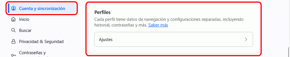 Firefox - Menú Ajustes > Cuentas > Perfiles