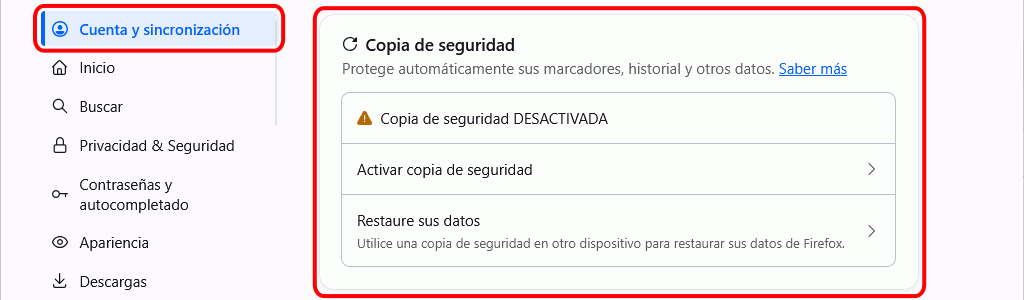 Firefox - Menú Ajustes > Cuentas > Copia de seguridad