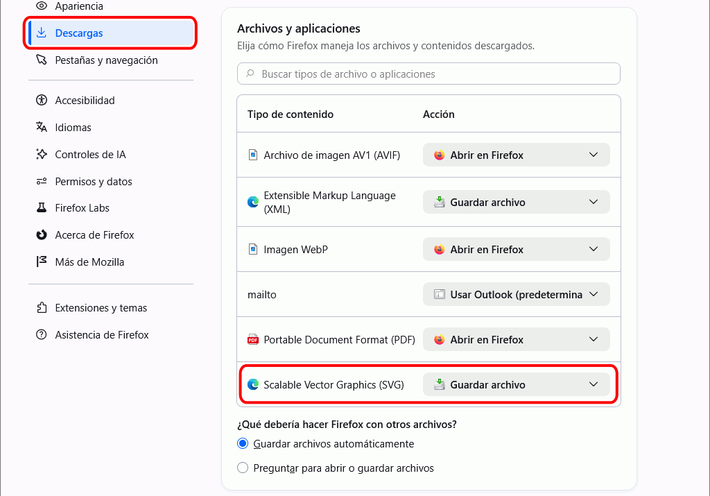 Firefox - Menú Ajustes > Descargas > Archivos