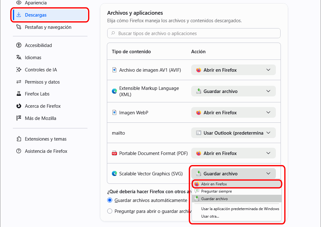 Firefox - Menú Ajustes > Descargas > Archivos > SVG