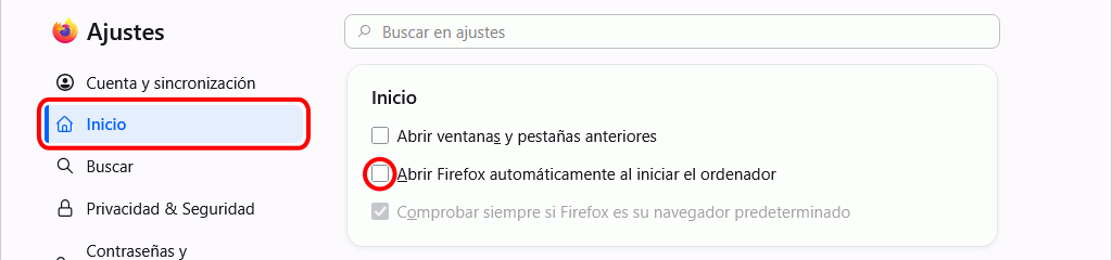 Firefox - Menú Ajustes > Inicio > Abrir al iniciar