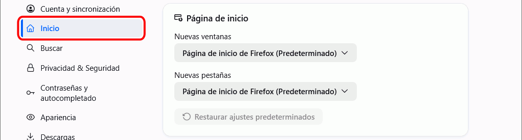 Firefox - Menú Ajustes > Inicio > Página de inicio 1