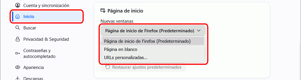 Firefox - Menú Ajustes > Inicio > Página de inicio 2
