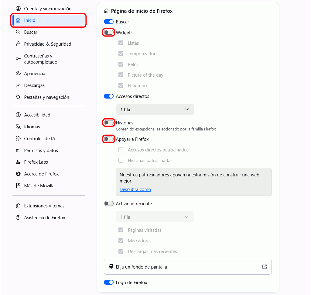 Firefox - Menú Ajustes > Inicio > Página de inicio de Firefox
