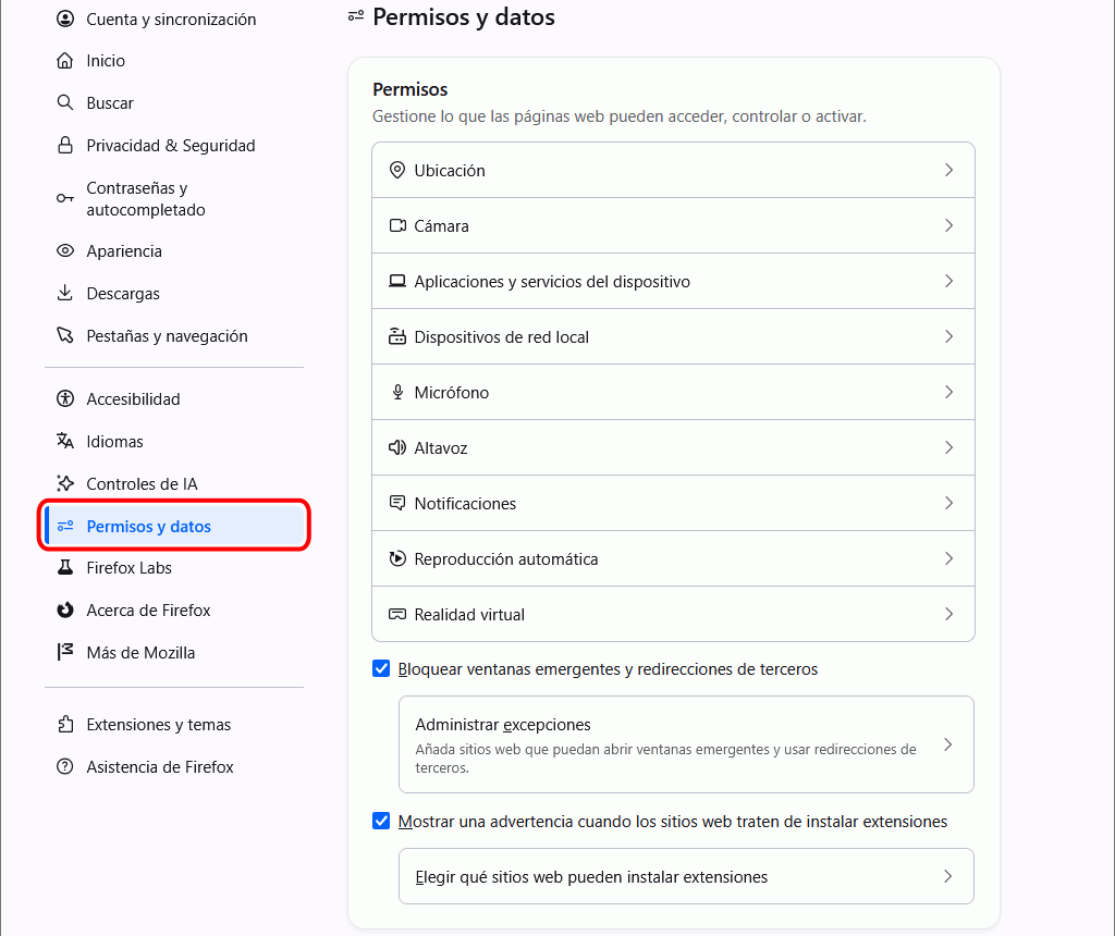 Firefox - Menú Ajustes > Permisos > Archivos