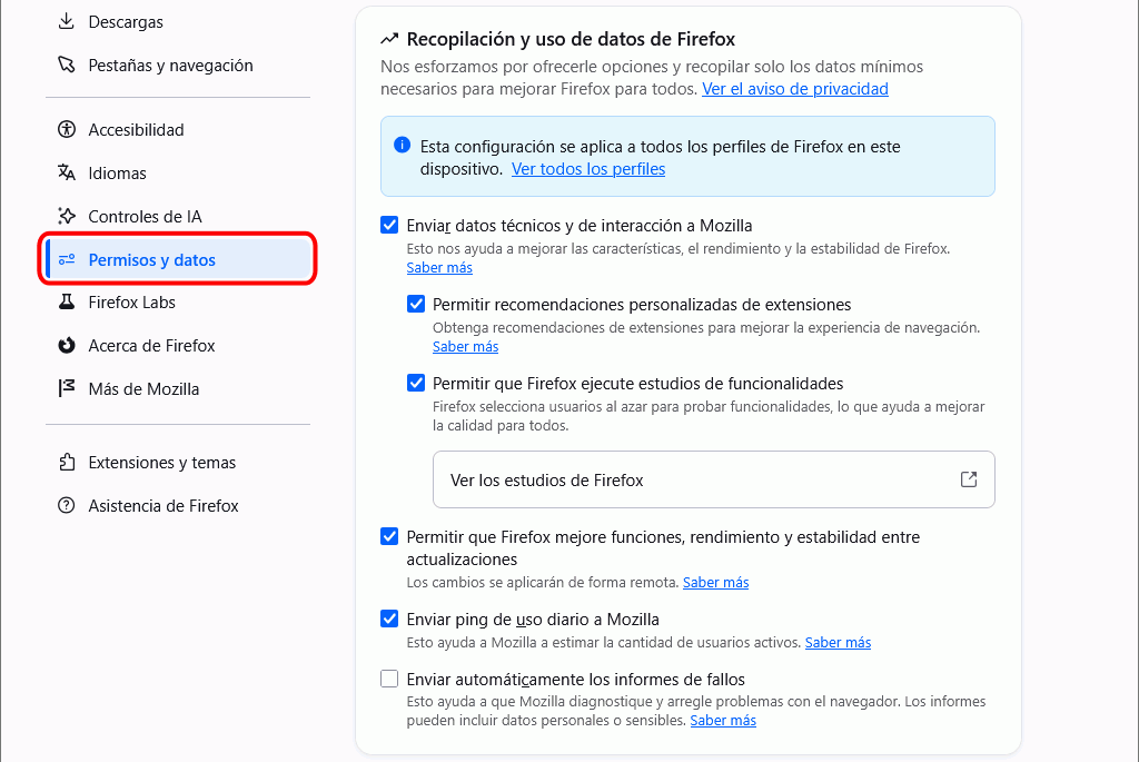 Firefox - Menú Ajustes > Permisos > Archivos