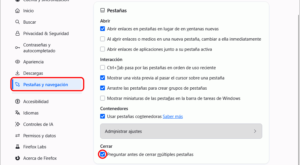 Firefox - Menú Ajustes > Pestañas y navegación