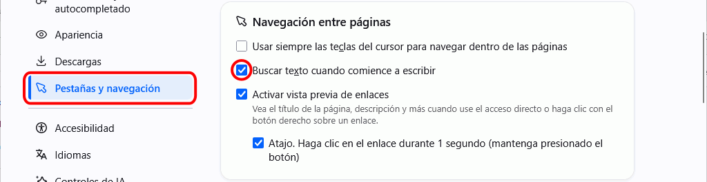 Firefox - Menú Ajustes > Pestañas y navegación